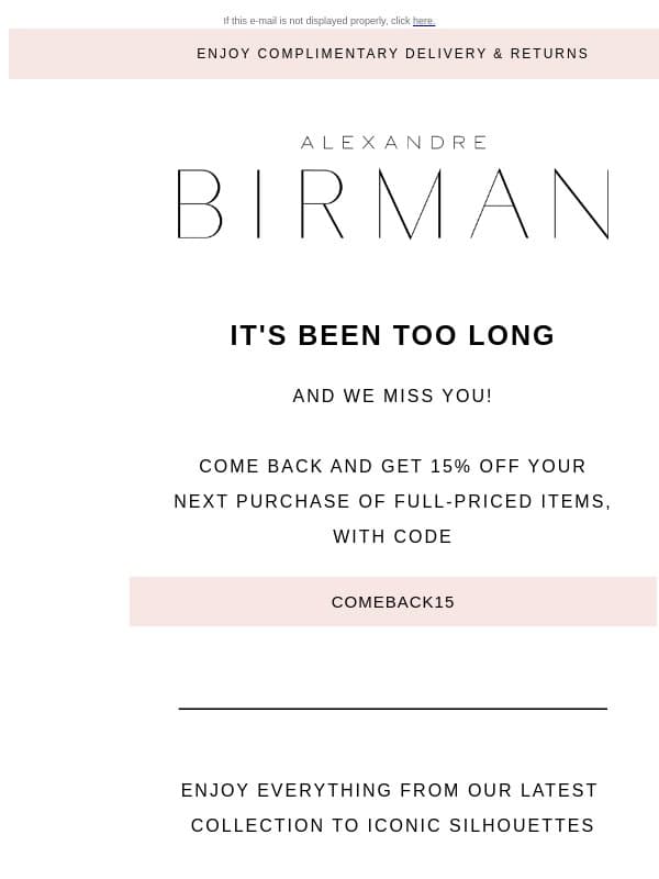 We’ve Missed You! Here’s 15% OFF email from Alexandre Birman