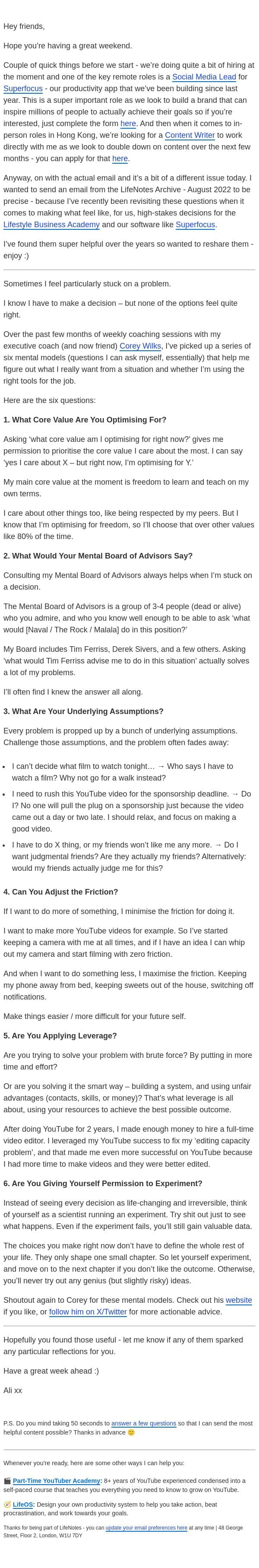 6 mental models for big decisions… email from Ali Abdaal screenshot