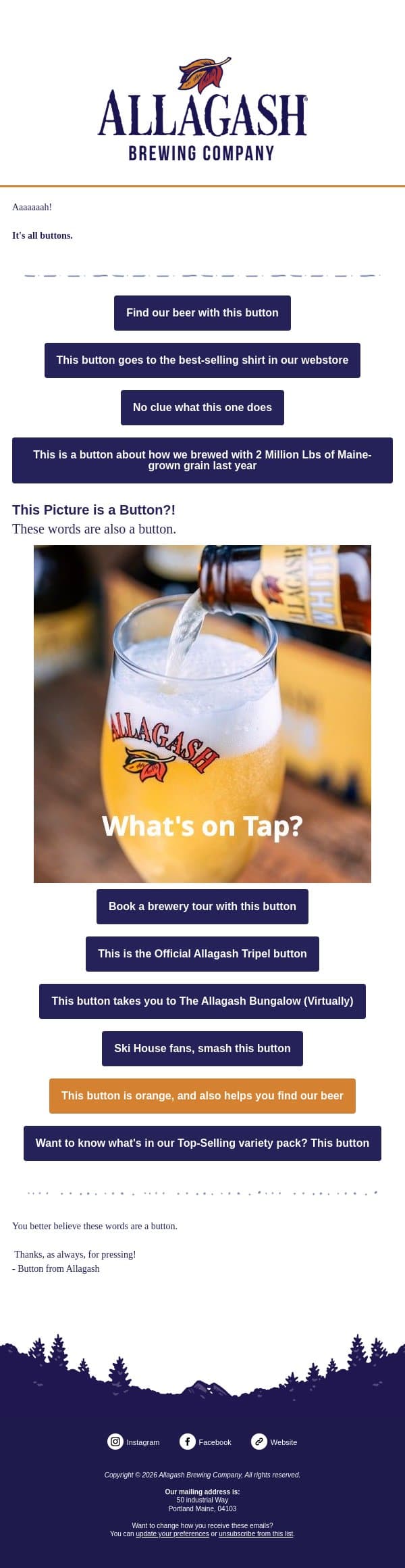 Oops! All buttons. email from Allagash Brewing screenshot