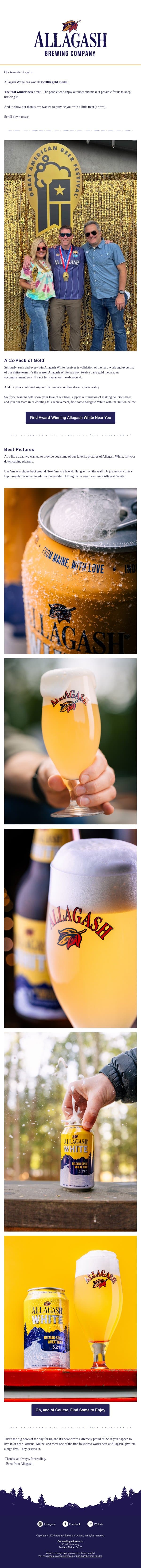 A 12-pack of Golds🥇 for Allagash White email from Allagash Brewing screenshot