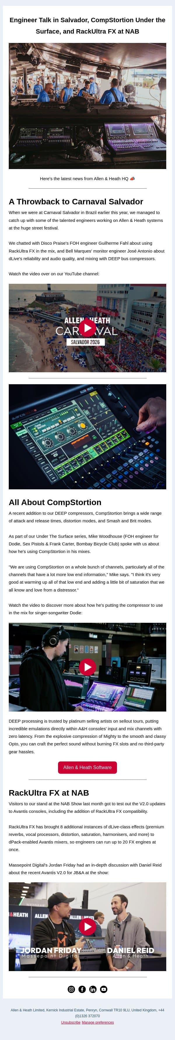 Engineer Talk in Salvador, CompStortion, and RackUltra FX at NAB email from Allen & Heath screenshot