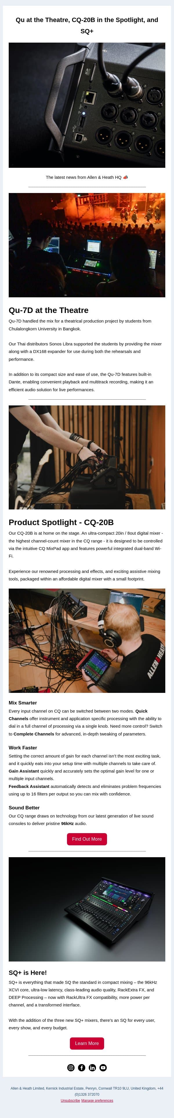 Qu at the Theatre, CQ-20B in the Spotlight, and SQ+ is Here email from Allen & Heath screenshot