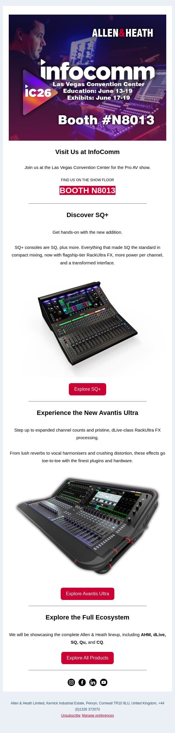 Experience the all-new SQ+ and Avantis Ultra at InfoComm email from Allen & Heath screenshot