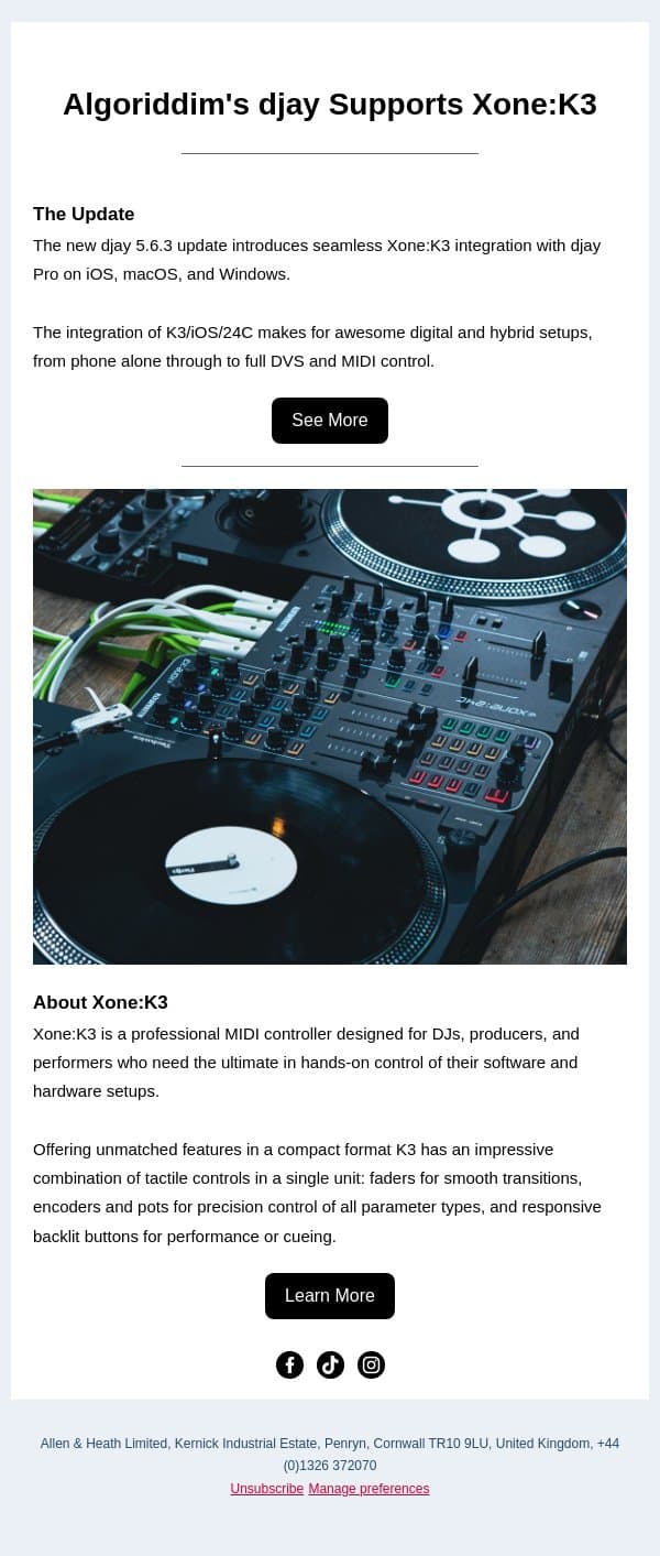 Xone:K3 Now Supported by djay Pro email from Allen & Heath screenshot