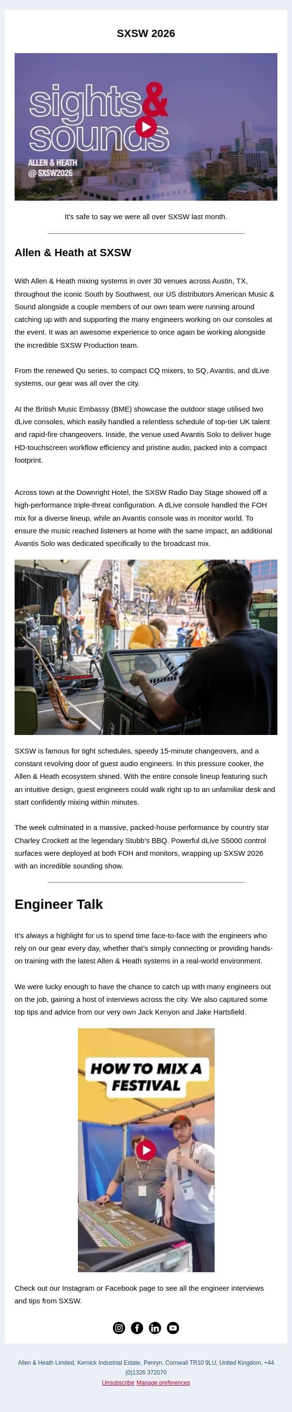 SXSW Round Up email from Allen & Heath screenshot