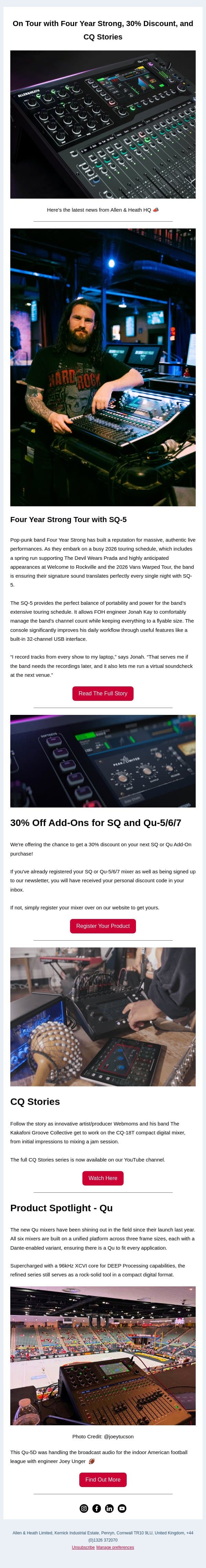 On Tour with Four Year Strong, 30% Discount, and CQ Stories. email from Allen & Heath screenshot