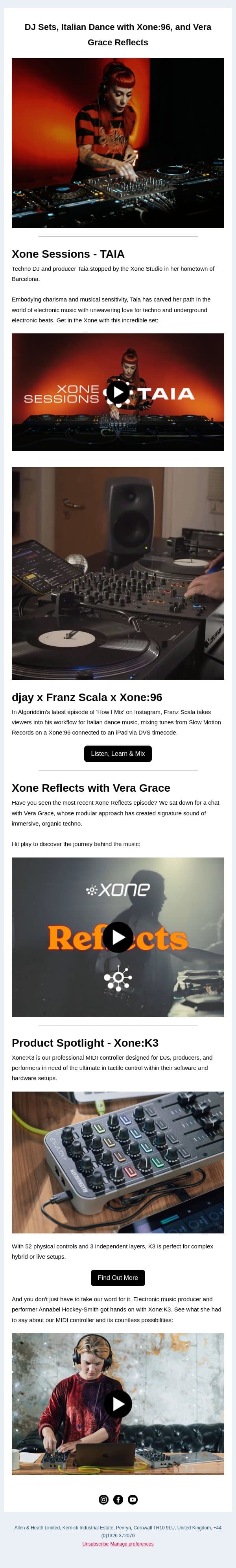 DJ Sets, Italian Dance Mixing, and Vera Grace Reflects email from Allen & Heath screenshot
