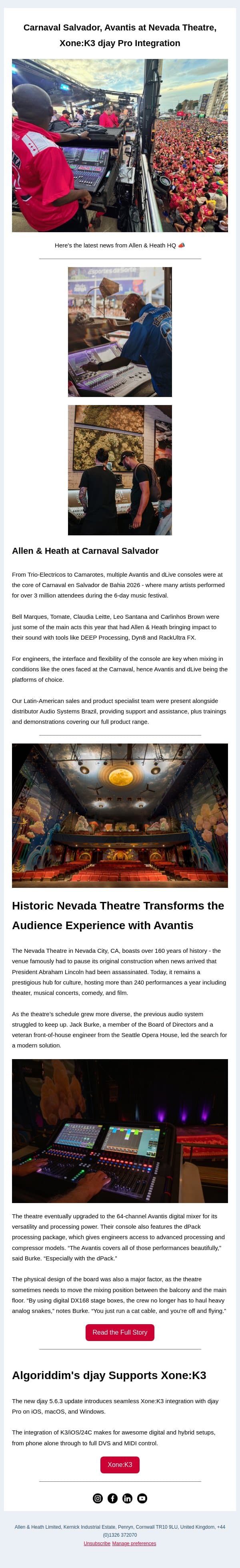 Mixing a Brazilian festival, Avantis transforms a theatre, and djay Pro increases Xone integration. email from Allen & Heath screenshot