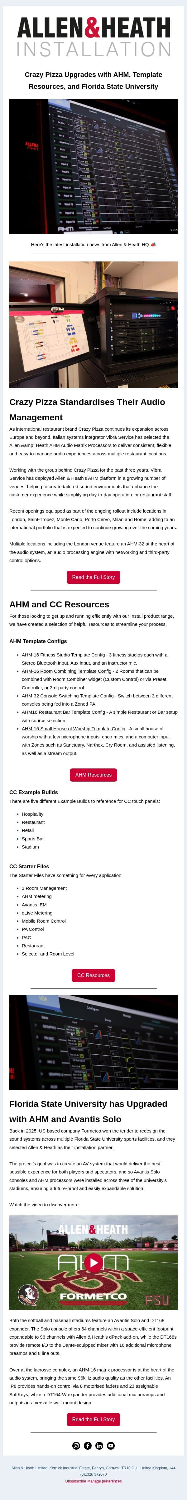 Get Your Audio Install Setup Sorted, Discover How FSU Upgraded with AHM and Avantis Solo, and Read All About Crazy Pizza email from Allen & Heath screenshot