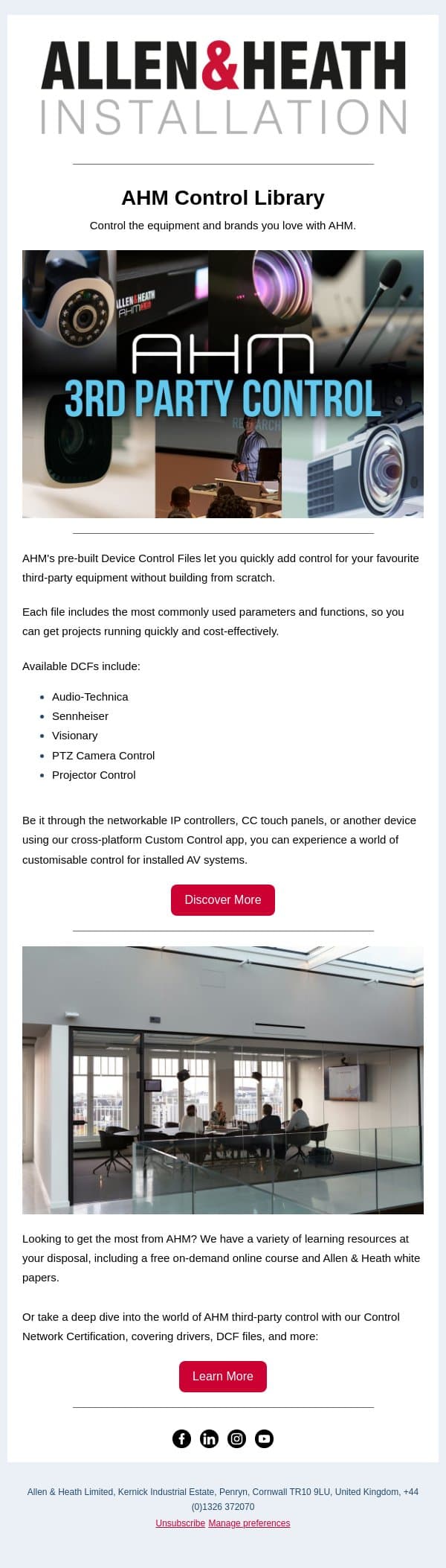 Allen & Heath's AHM Third-Party Control email from Allen & Heath screenshot