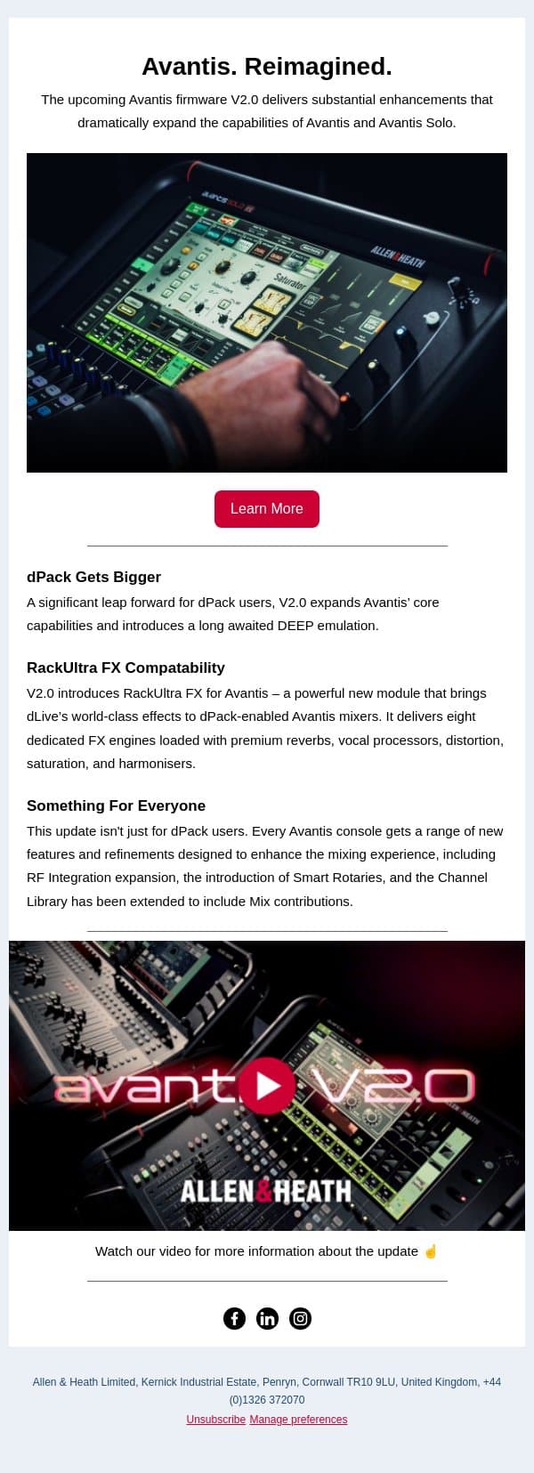 Avantis V2 Is Here! email from Allen & Heath screenshot