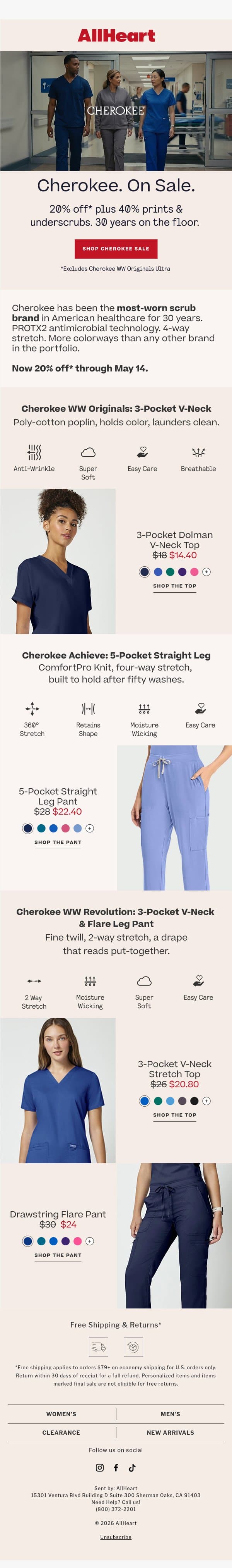 30 years of Cherokee—now 20% off email from AllHeart Scrubs screenshot