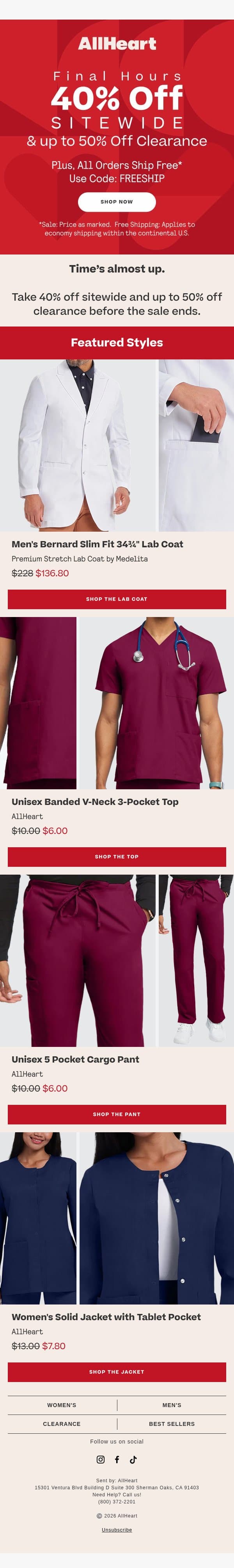 Time’s almost up: 40% off sitewide email from AllHeart Scrubs screenshot