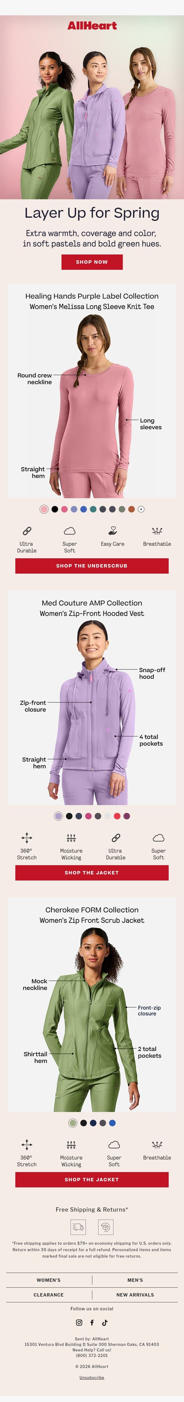 Your fave LAYERS, in our fave spring shades email from AllHeart Scrubs screenshot