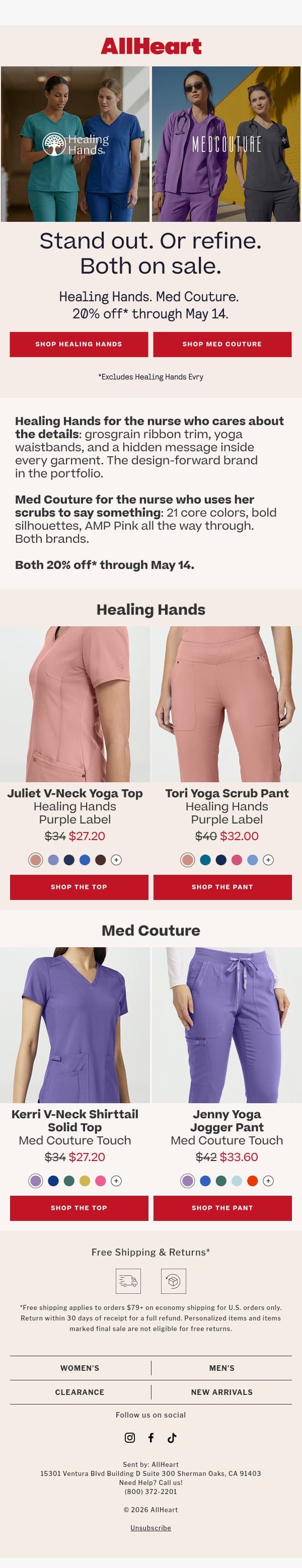 Your favorite brands are 20% off! email from AllHeart Scrubs screenshot