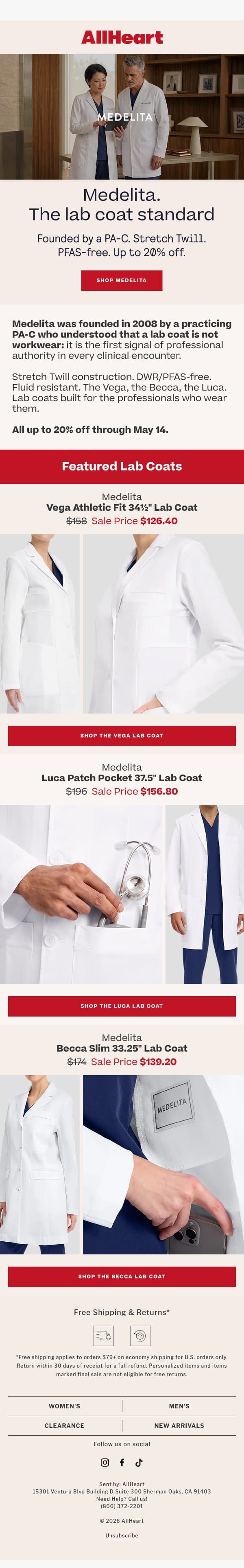 Medelita. The Lab Coat Standard. Up to 20% Off. email from AllHeart Scrubs screenshot