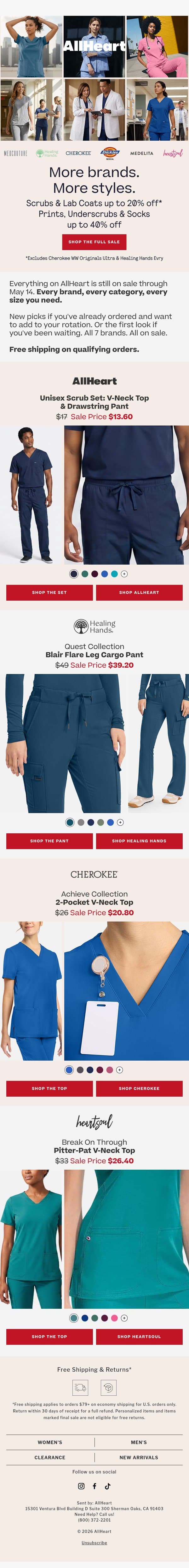 More brands. More styles. Up to 20% off! email from AllHeart Scrubs screenshot