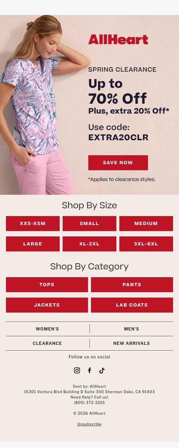 SALE'S ON! Up to 70% off clearance, plus extra 20% off! email from AllHeart Scrubs screenshot