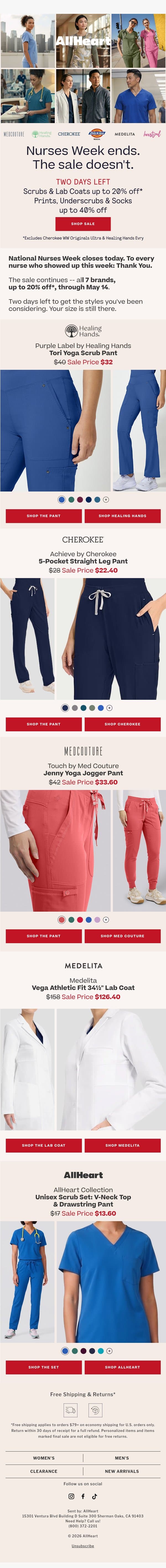 The Nurses Week sale isn’t over yet! email from AllHeart Scrubs screenshot