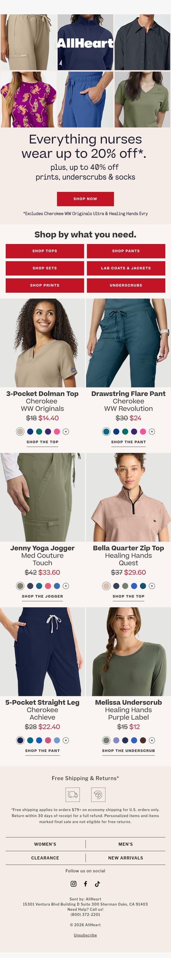 The full collection, up to 20% off email from AllHeart Scrubs screenshot