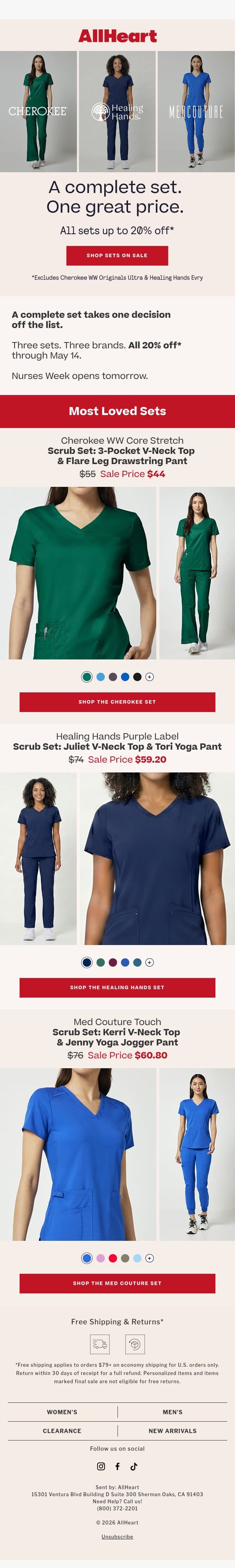 Sets you’ll love, up to 20% off email from AllHeart Scrubs screenshot