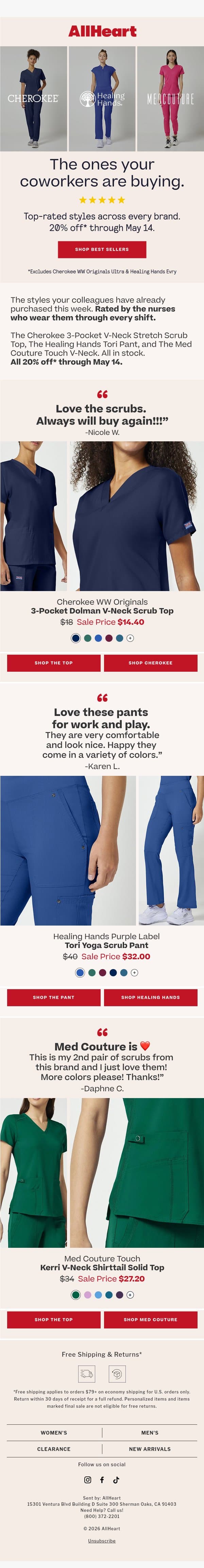 Best Sellers. Top Rated. 20% Off. email from AllHeart Scrubs screenshot