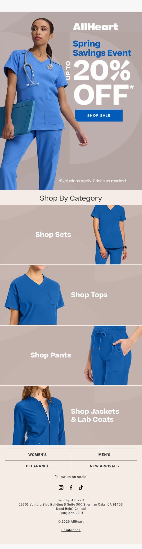 SPRING SAVINGS! Up to 20% off all the brands you love email from AllHeart Scrubs screenshot