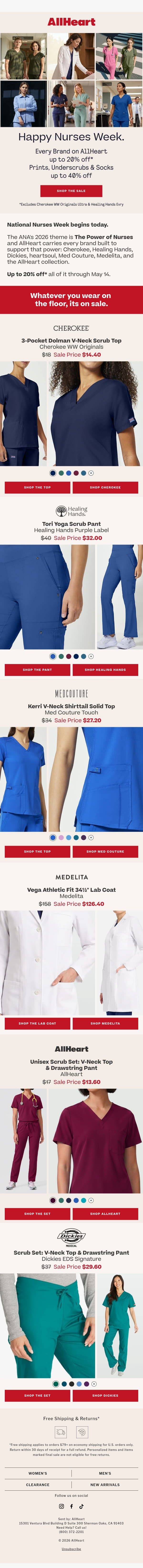 Happy Nurses Week! Up to 20% off all brands! email from AllHeart Scrubs screenshot