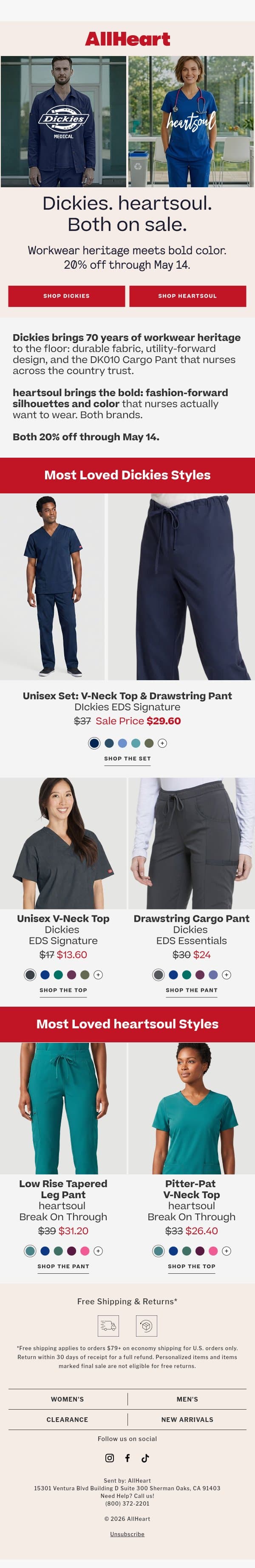 Dickies. heartsoul. Both 20% off! email from AllHeart Scrubs screenshot