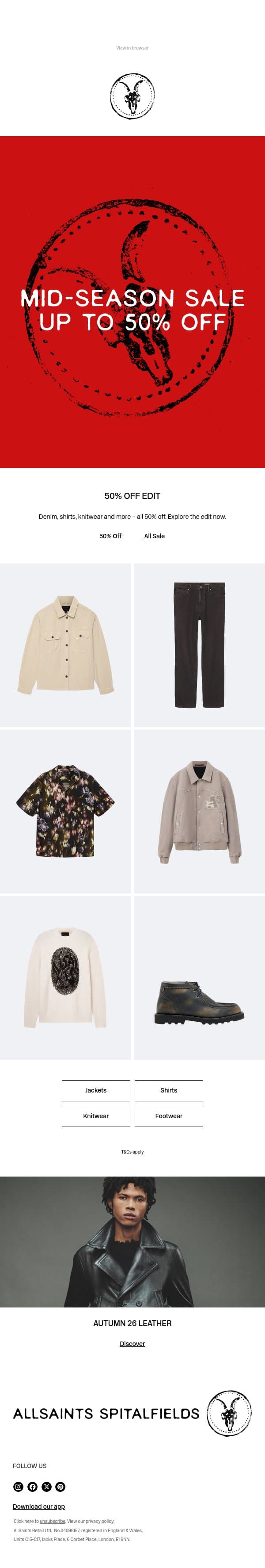 50% Off Edit: Mid-Season Sale email from AllSaints screenshot