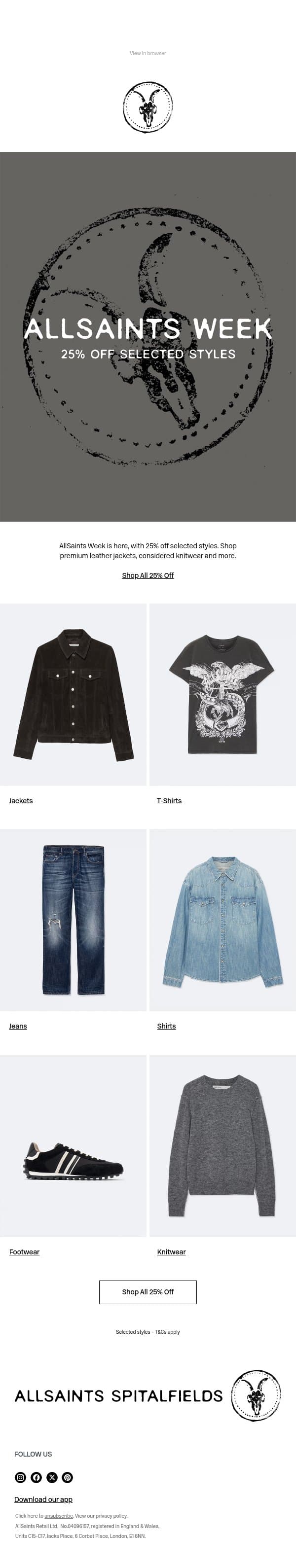 25% Off Selected Styles: AllSaints Week email from AllSaints screenshot