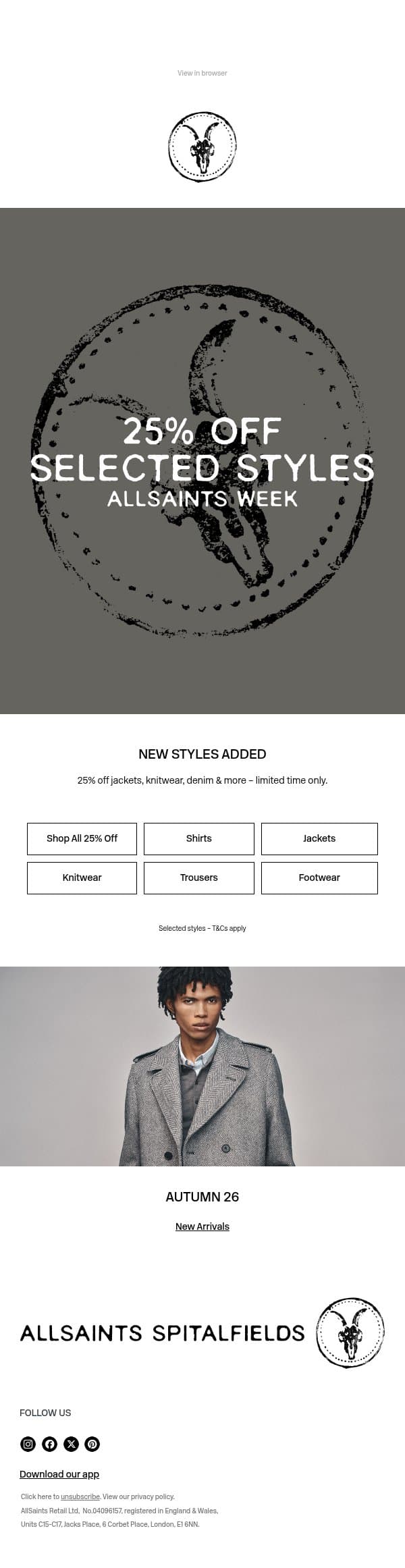 New Styles Added: 25% Off AllSaints Week email from AllSaints screenshot