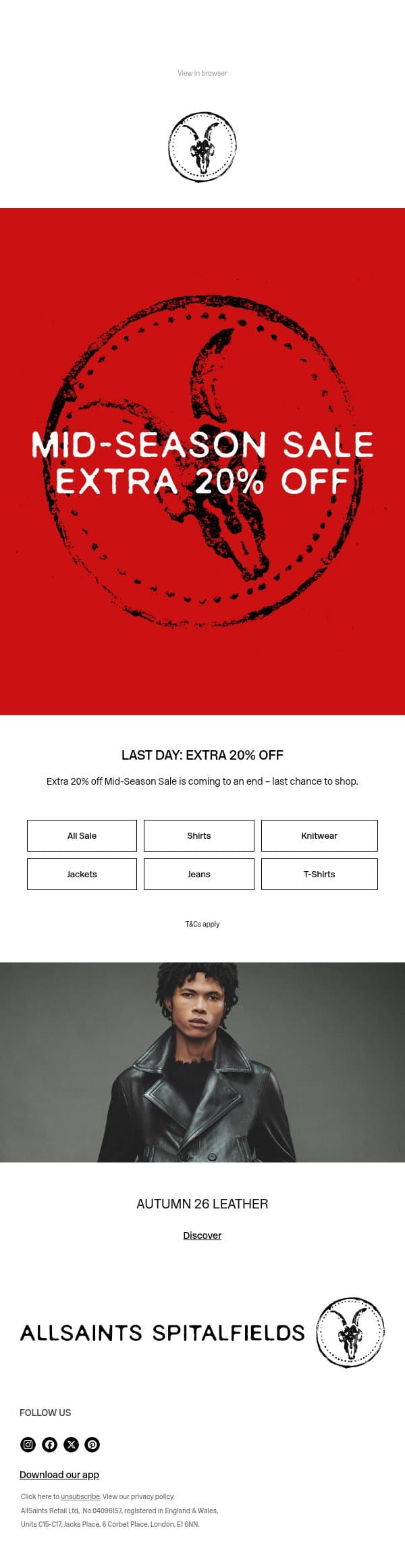 Last Day: Extra 20% Off Sale email from AllSaints screenshot