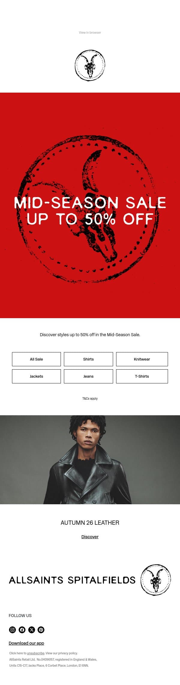 Mid-Season Sale Continues email from AllSaints screenshot
