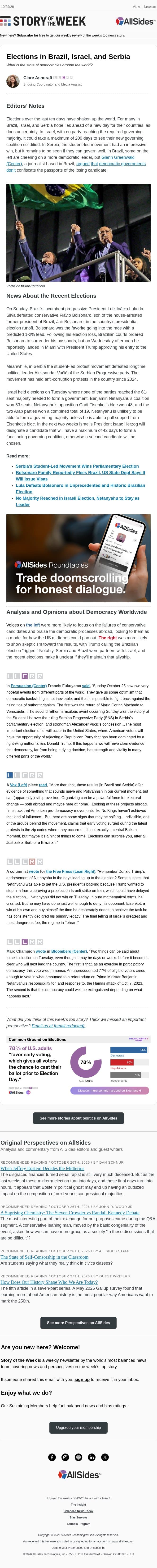 Elections in Brazil, Israel, and Serbia email from AllSides screenshot