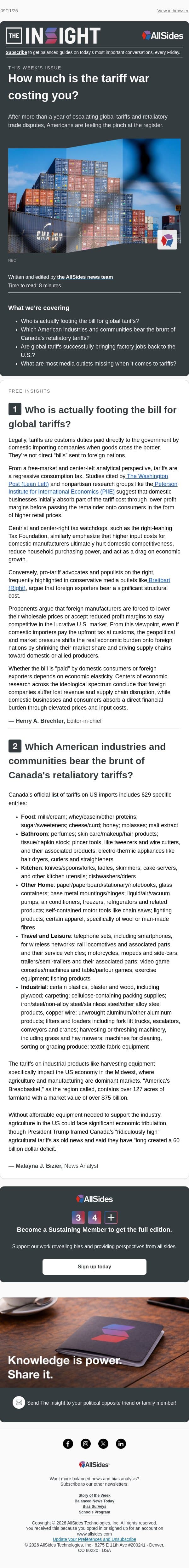 How much is the tariff war costing you? email from AllSides screenshot