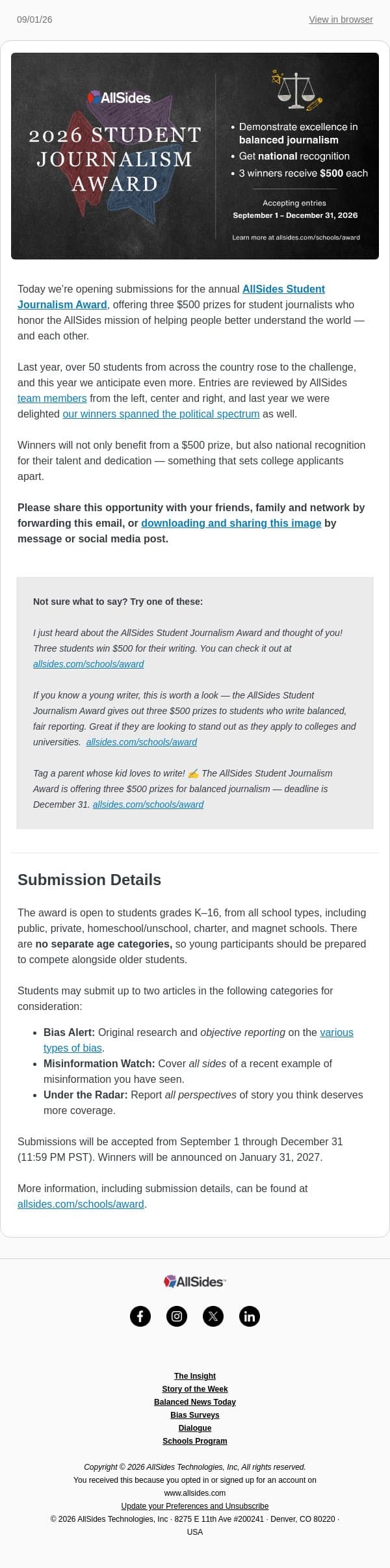 Student Journalism Award Opens Today email from AllSides screenshot
