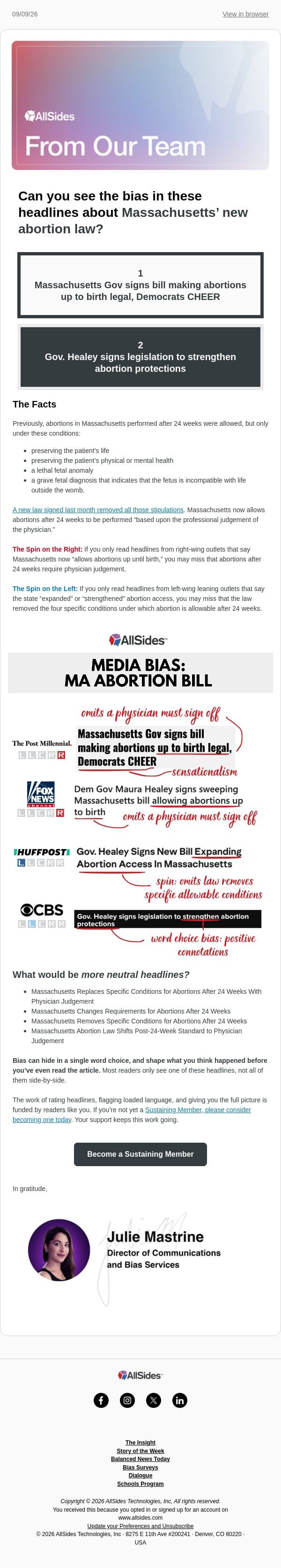 Can you see the bias in these headlines? email from AllSides screenshot