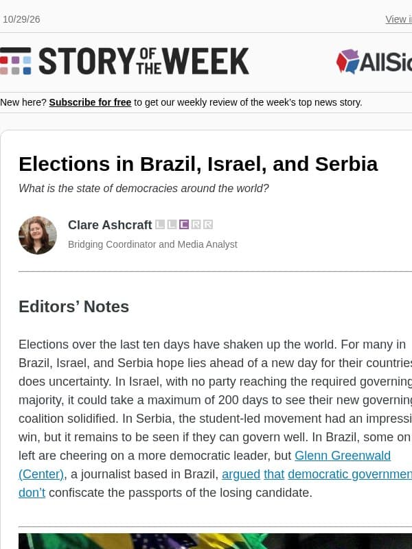Elections in Brazil, Israel, and Serbia email from AllSides