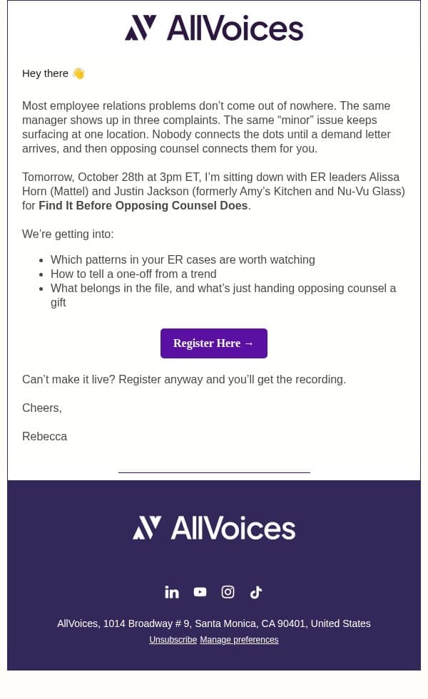 Tomorrow: Mattel’s ER leader on catching problems before opposing counsel does email from AllVoices screenshot