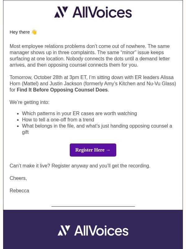 Tomorrow: Mattel’s ER leader on catching problems before opposing counsel does email from AllVoices