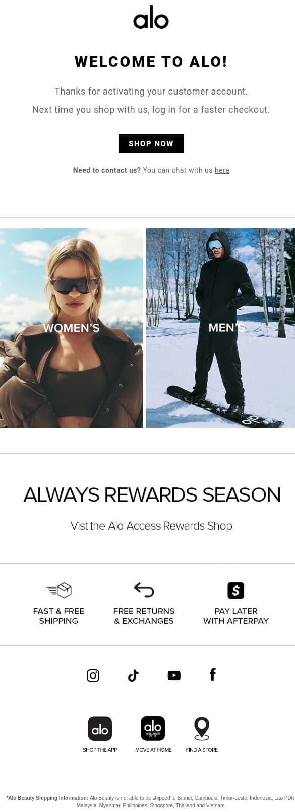 Alo Customer Account Confirmation email from Alo Moves screenshot