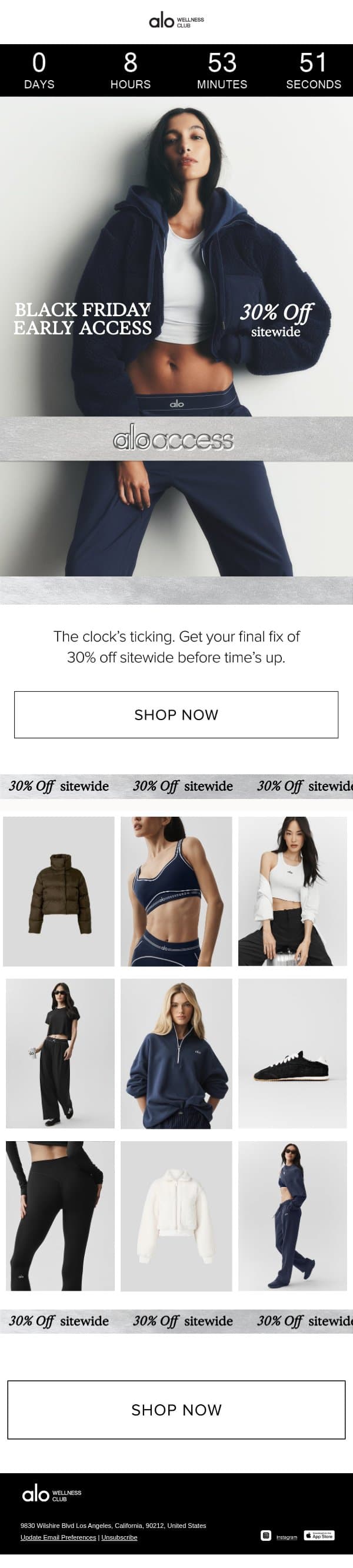 FINAL HOURS: 30% OFF SITEWIDE email from Alo Moves screenshot