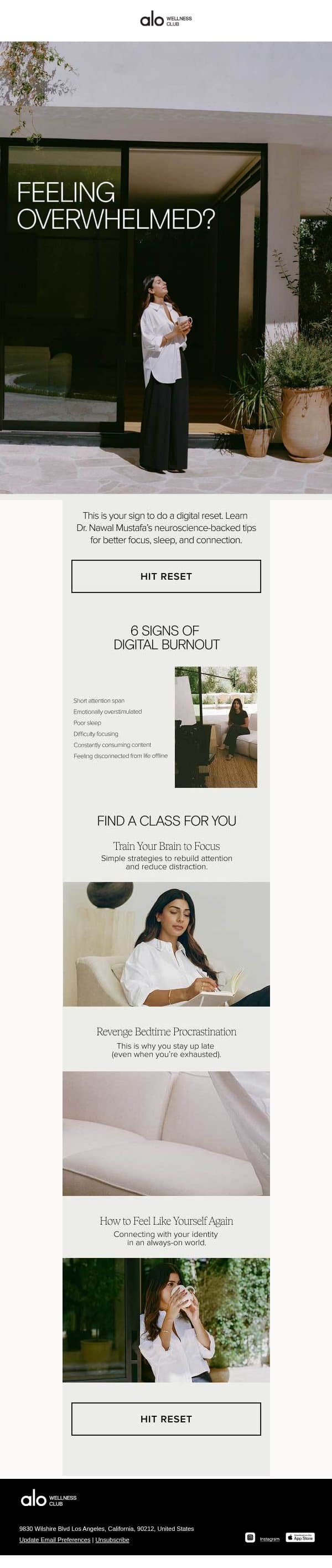 6 signs of digital burnout email from Alo Moves screenshot