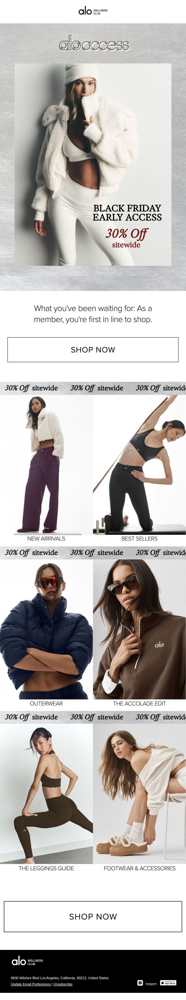 30% OFF STARTS NOW email from Alo Moves screenshot