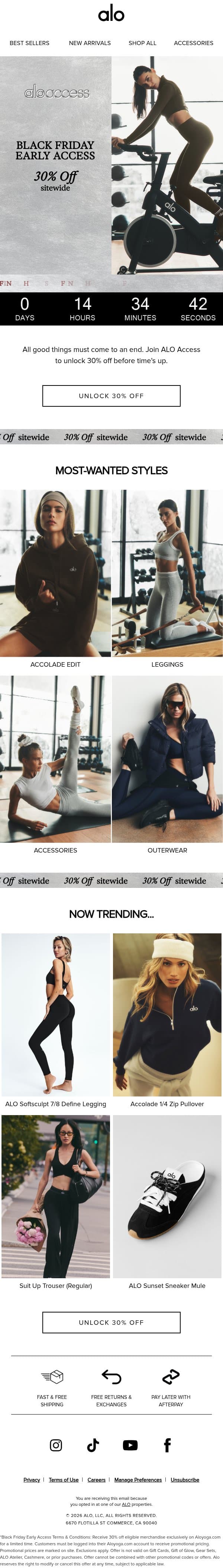 LAST CHANCE: 30% OFF email from Alo Yoga screenshot