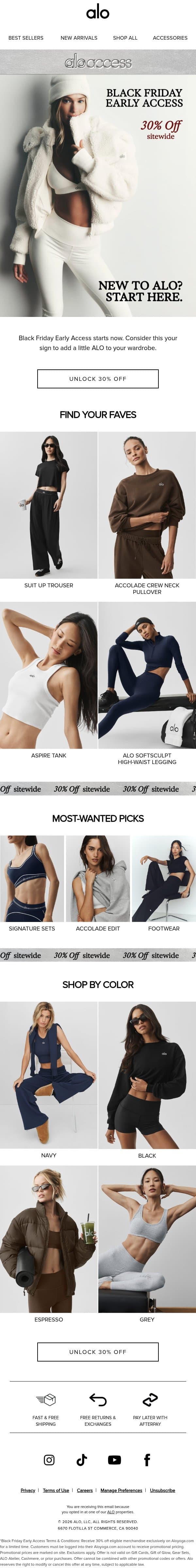 30% OFF STARTS NOW (not a drill) email from Alo Yoga screenshot