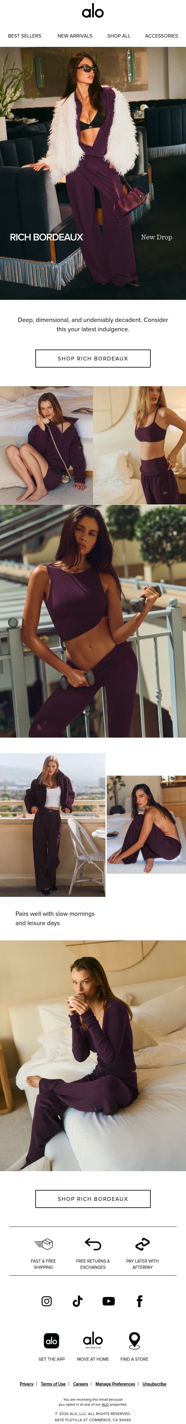 New Drop: Rich Bordeaux email from Alo Yoga screenshot