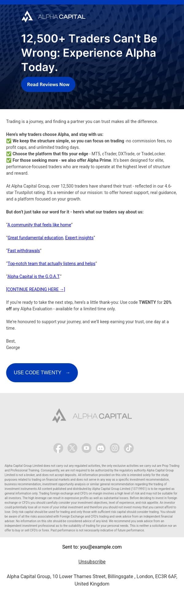 12,500+ Traders Choose Alpha - Here’s Why You Should Too email from Alpha Capital Group screenshot