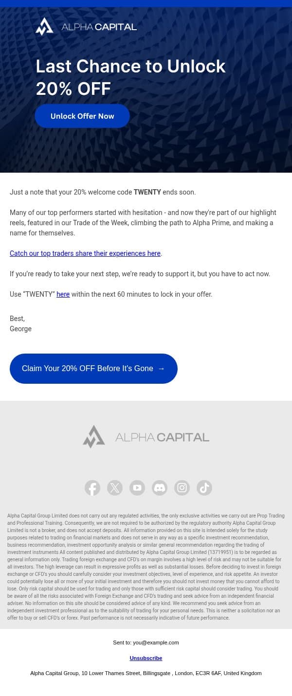 Act Now: 20% OFF Ends in 60 Minutes email from Alpha Capital Group screenshot